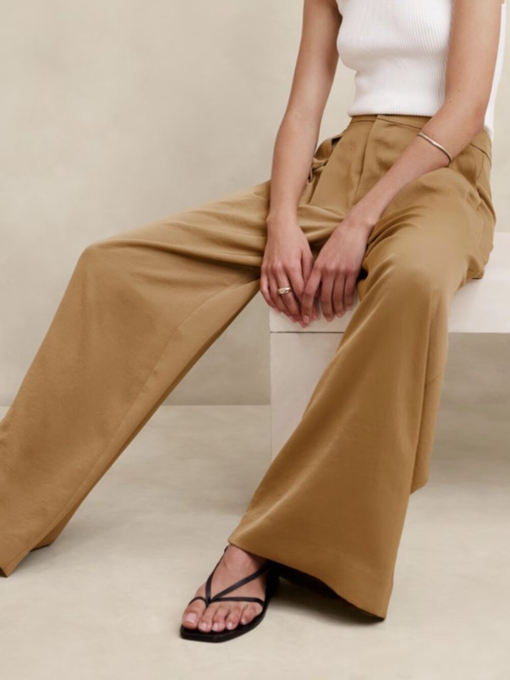 Banana Republic Silky Tan Pleated Wide-Leg Pants